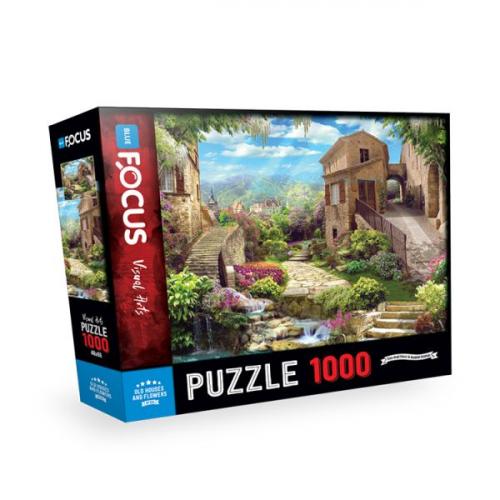 Kurye Kitabevi - Blue Focus Old Houses And Flowers - Puzzle 1000 Parça