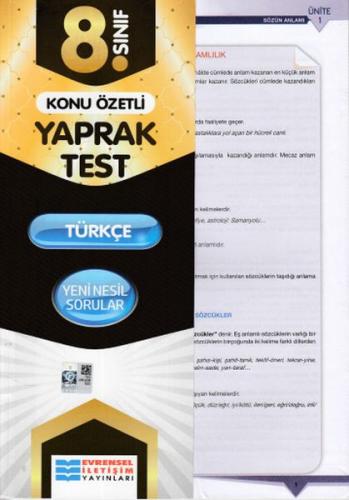 Kurye Kitabevi - Evrensel 8. Sınıf Türkçe Konu Özetli Yaprak Test 2020