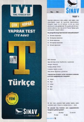 Kurye Kitabevi - Sınav TYT Türkçe Çek Kopar Yaprak Test 72 Adet-YENİ